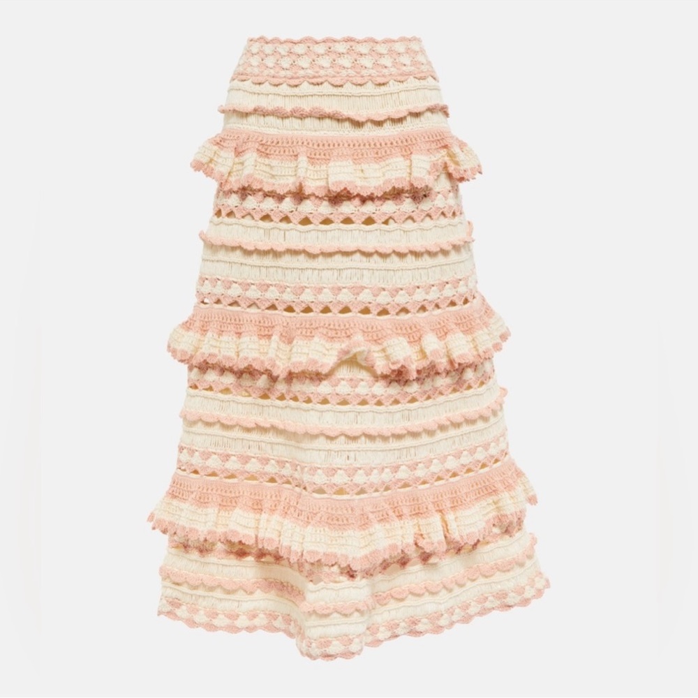 Zimmermann Cream and Pink Ruffled Midi Skirt